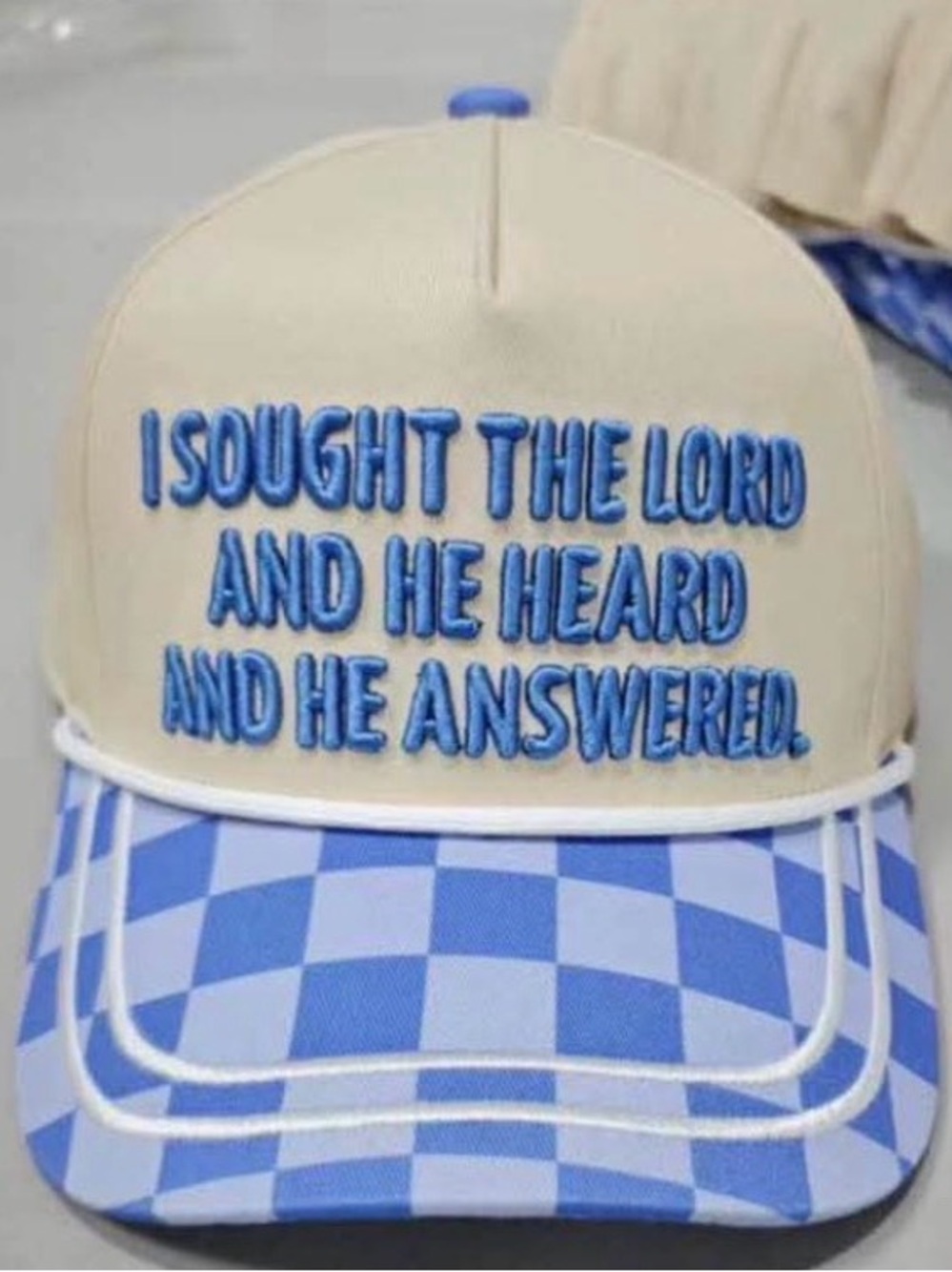 Blue Checkered Embroidered Inspirational Trucker Hat